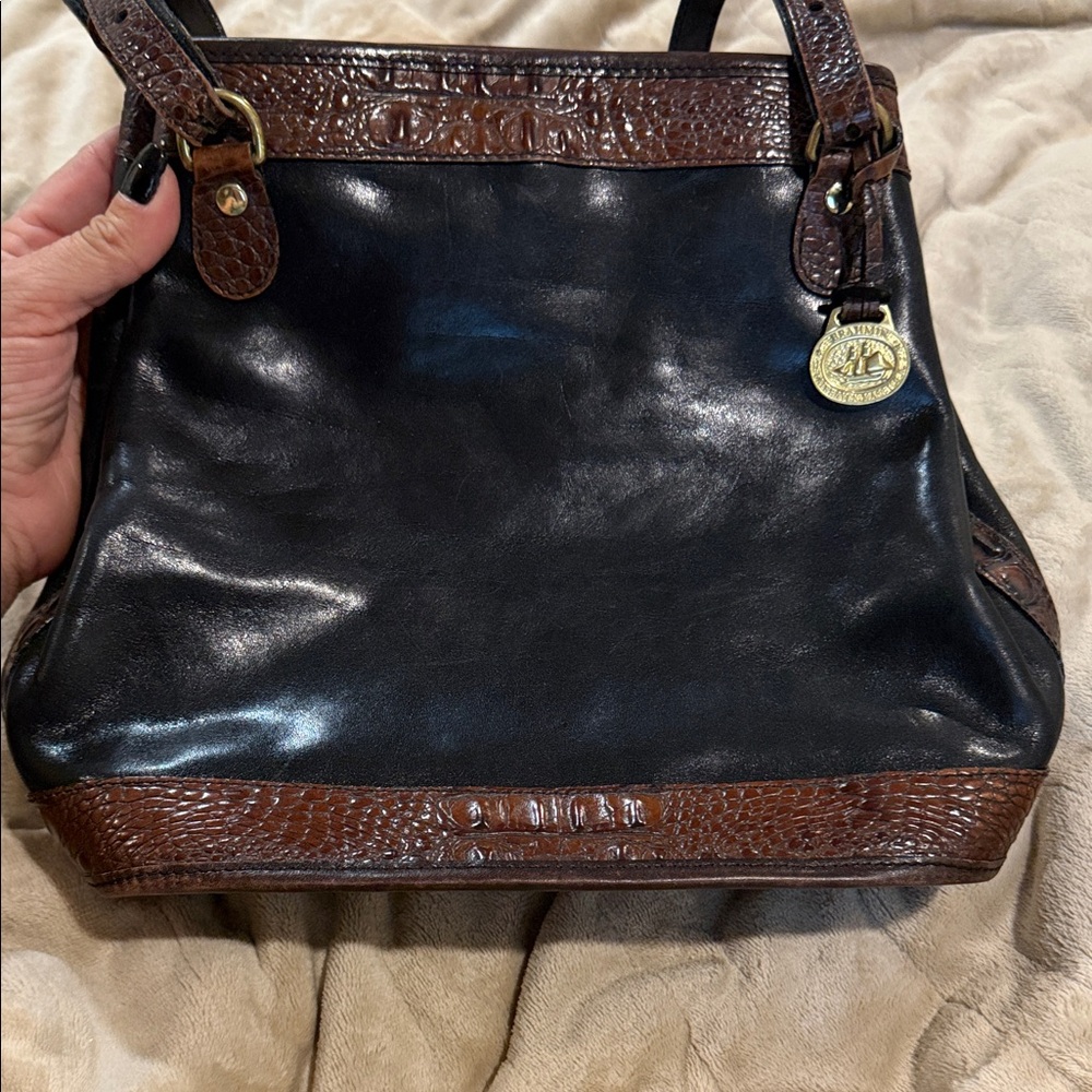 Black Leather Satchel with Brown Croc Trim and Medallion Charm Brahmin